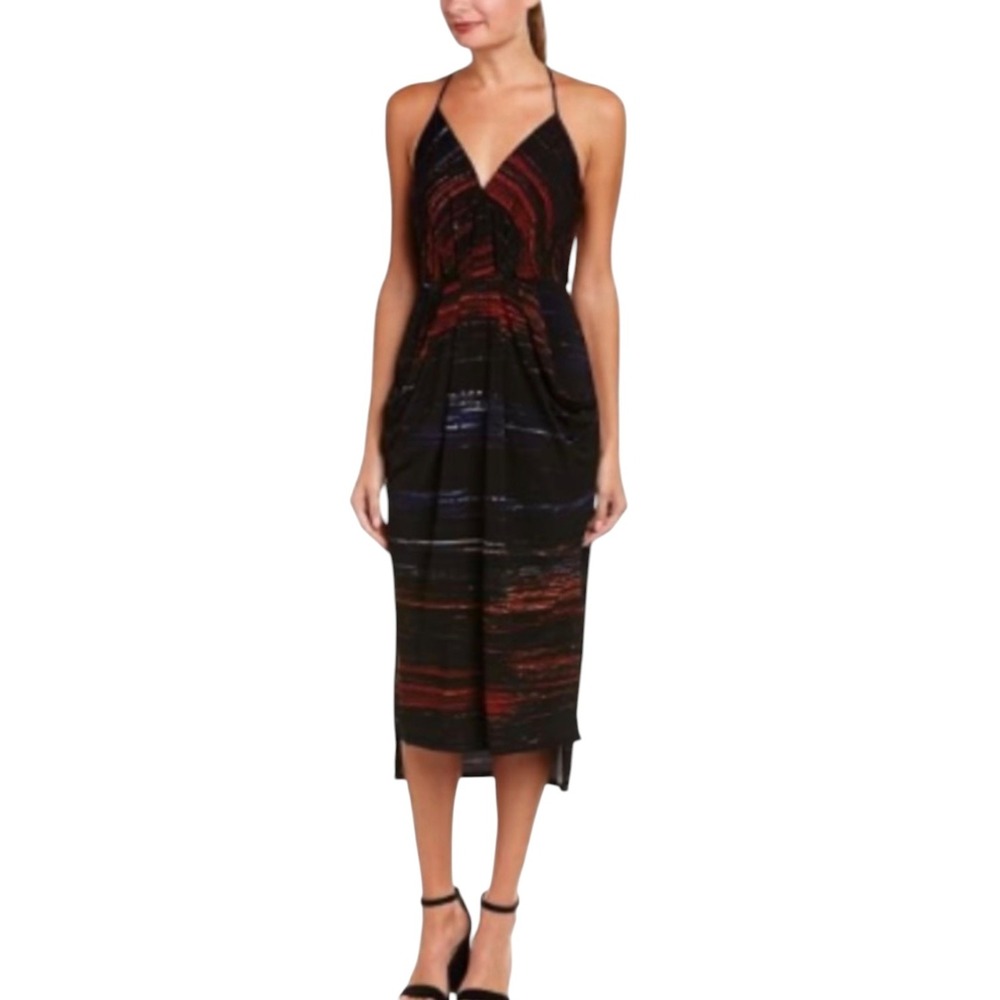 BCBGeneration Abstract Brushstroke Draped Tulip Midi Dress Black Orange Small